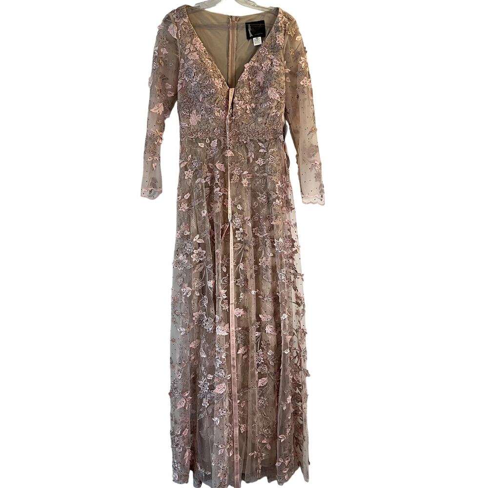 Mac Duggal Pink Floral Applique Illusion Long Sleeve Gown 70224 Sz 6 NWT - Picture 5 of 9
